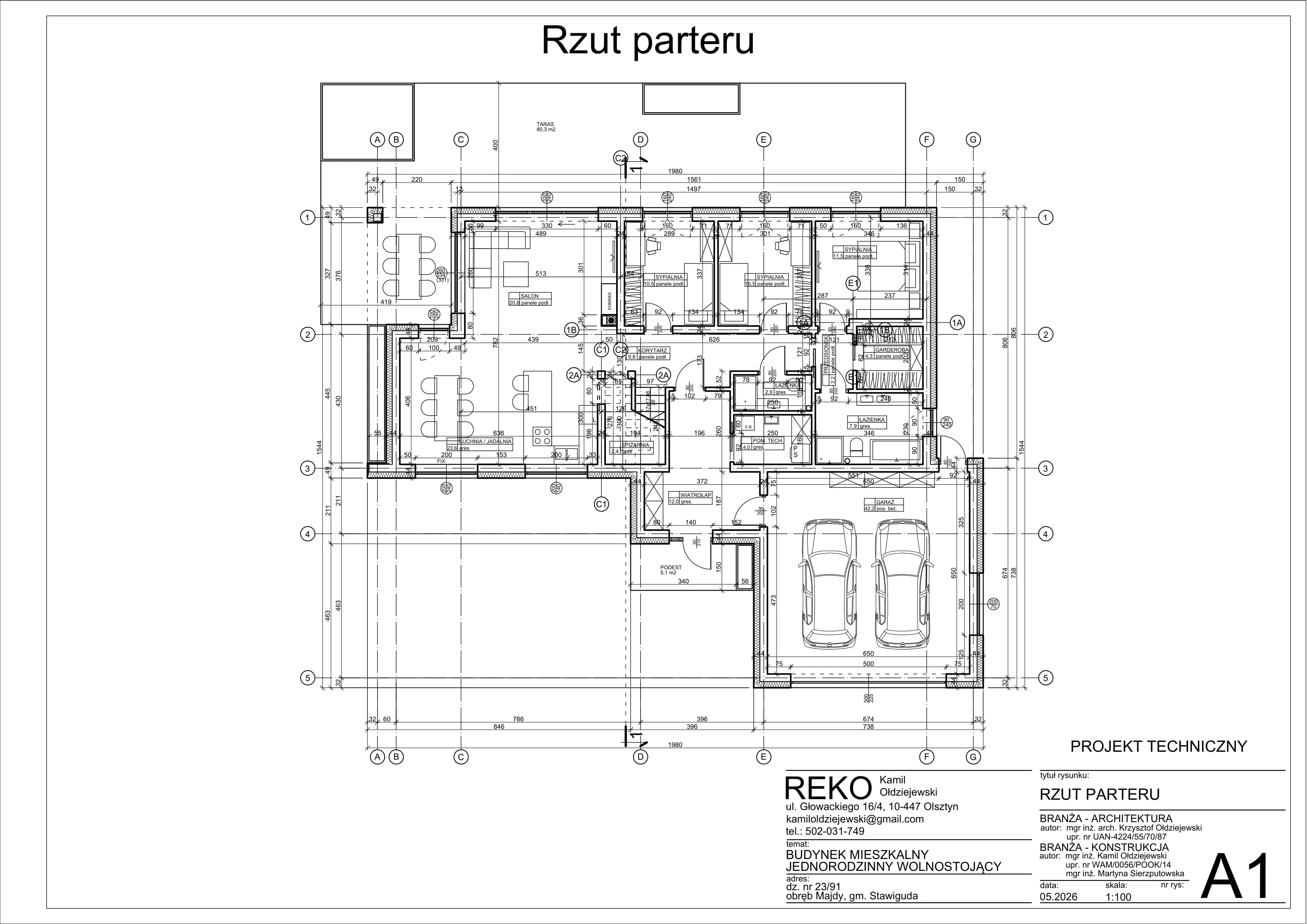 Rzut parteru — dom jednorodzinny Majdy, skala 1:100